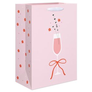 Medium Pink Birthday Gift Bag for Her, Champagne Glass and Bow 1 Bag 10"x7" - Designed by Spaghetti and Meatballs