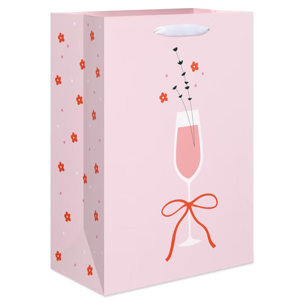 Medium Pink Birthday Gift Bag for Her, Champagne Glass and Bow 1 Bag 10"x7" - Designed by Spaghetti and Meatballs