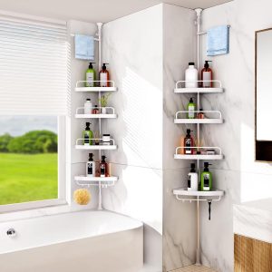 White Corner Shower Caddy, 4-Tier No-Drill Organizer with ABS Baskets, Adjustable 55-122 Inch Tension Pole, Stainless Steel Bathroom Storage.