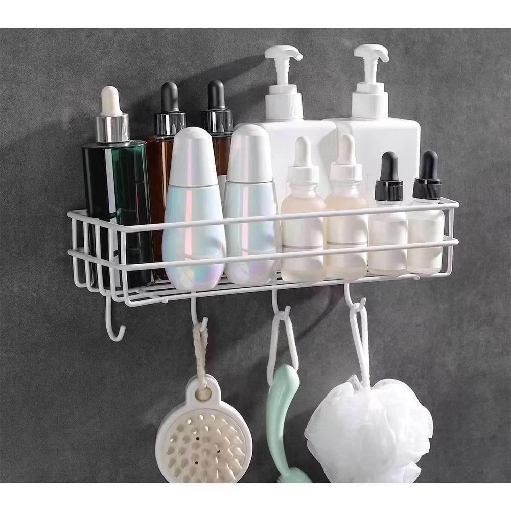 Adhesive Wall Mounted Bathroom Organizer Shelf, Rustproof Shower Caddy Basket with Hooks, No Drilling - Image 7