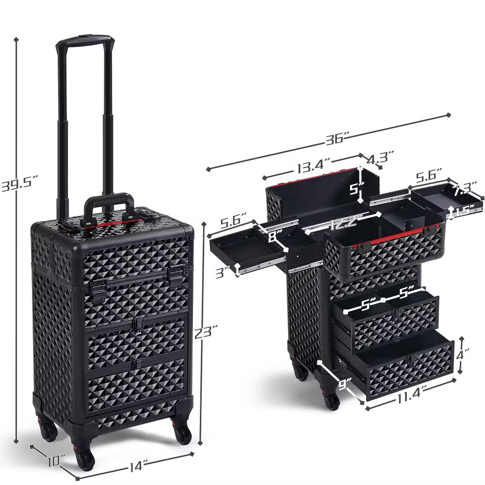 Yaheetech Professional Rolling Makeup Train Case with Drawers, Black - Image 3
