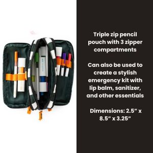 Triple Zip Pencil Pouch - Green/Cream Stripe, School Supplies