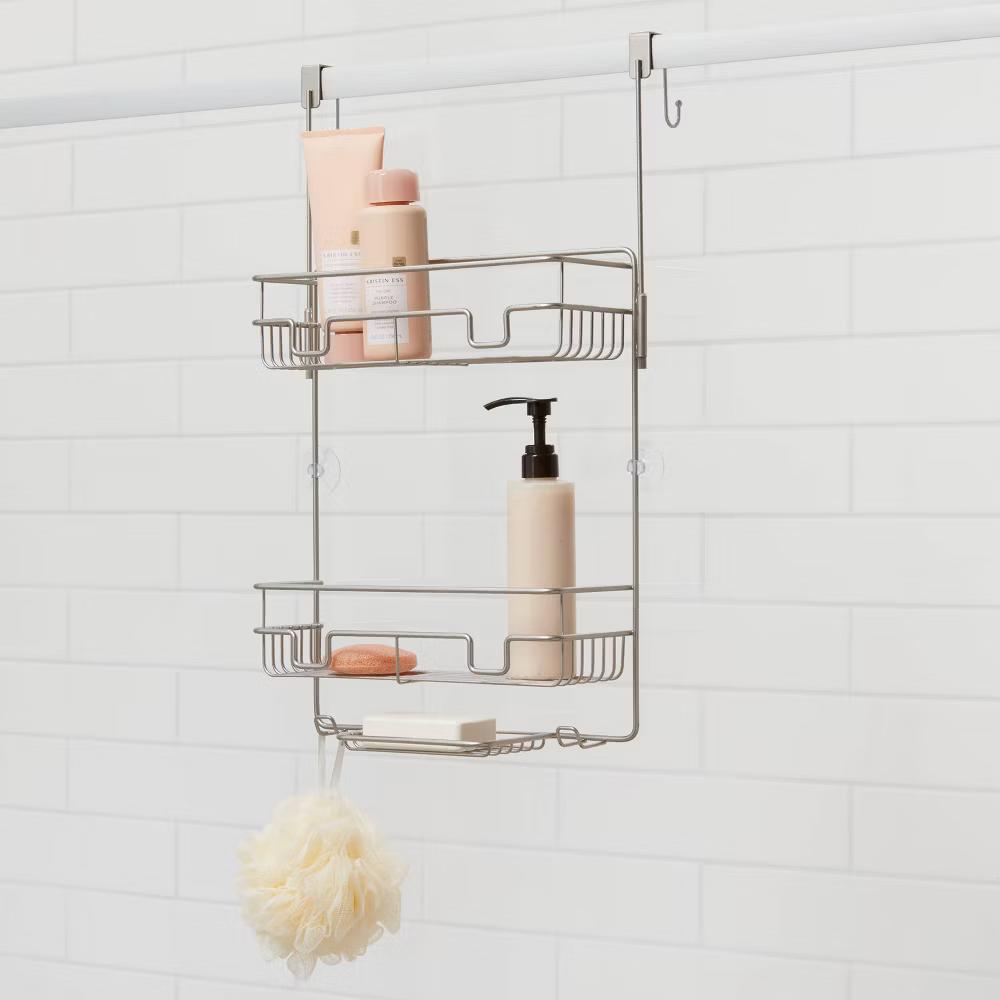 Over the Door Round Wire Shower Caddy Matte Satin - Bathroom Storage, Rust-Resistant Steel Organizer
