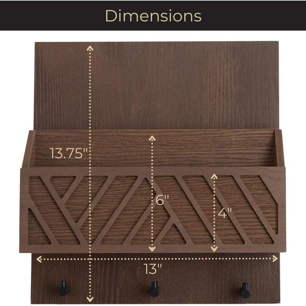 Wall Mounted Mail Organizer with 2 Slots and 3 Hooks – Multiple Finishes – MDF Wood - Image 2