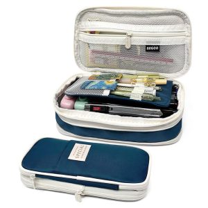 Large Capacity Pencil Case, Expandable Pencil Pouch for Stationery Tools, Navy
