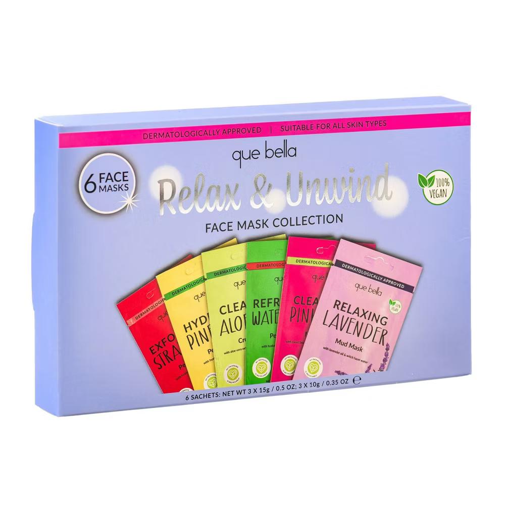 Que Bella Relax & Unwind Face Mask Collection - 6pc: Vegan, For Normal & Sensitive Skin, Scented - Image 2
