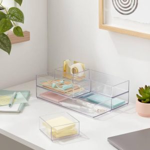 Desk Drawer Organizer Clear - Office & Stationery Holder, 20% Recycled Plastic, 12"x8"x4"