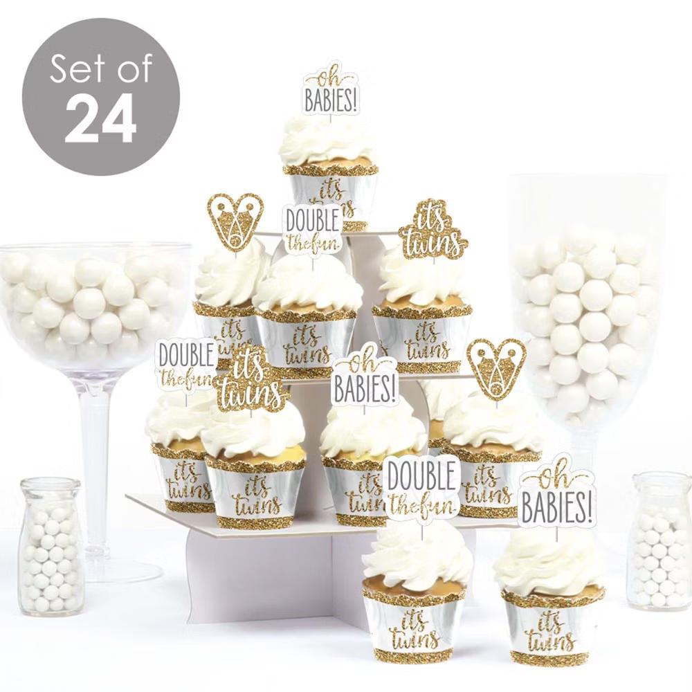 It's Twins - Cupcake Decoration - Gold Twins Baby Shower Cupcake Wrappers and Treat Picks Kit - Set of 24 - Image 4