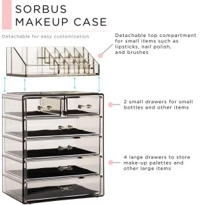 2 Piece Acrylic Makeup and Jewelry Storage Organizer Case (6 Drawers and Lipstick Tray)