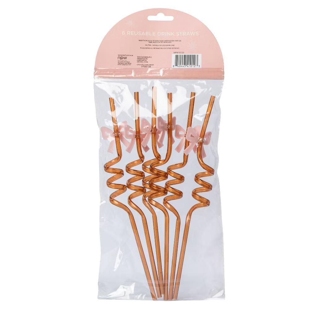 NPW 6ct Bachelorette Sparkle Bow Straws Party Favors Pink - Image 3