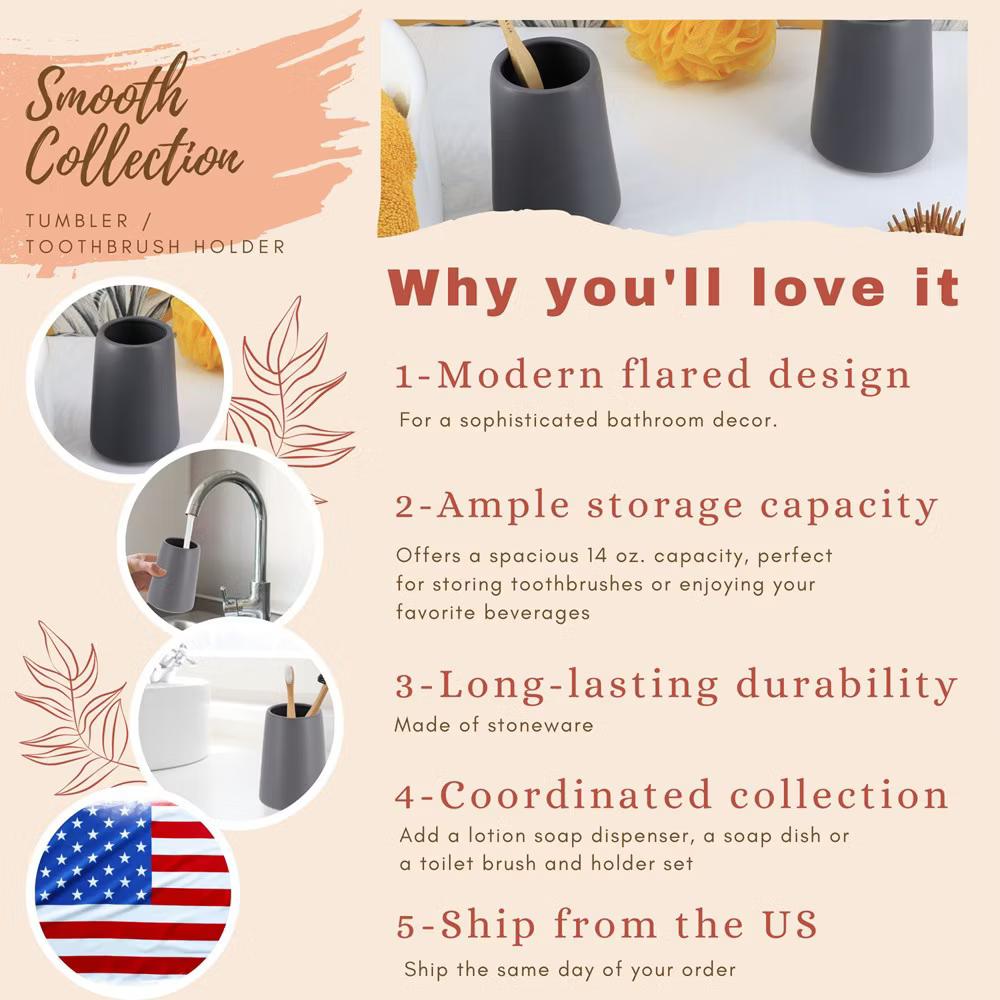 French Home Goods Elegant Stoneware Bathroom Tumbler & Toothbrush Holder - Flared Shape, 14 oz - Image 3