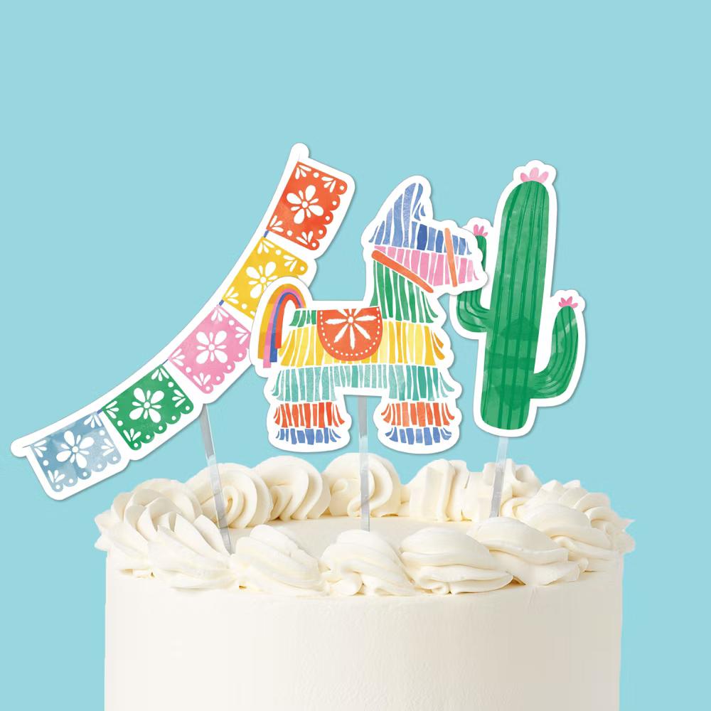 Fiesta Cake Topper Set, Mexican-Theme Birthday Party Decorations with Piñata and Cactus Designs – 3 Count - Image 2