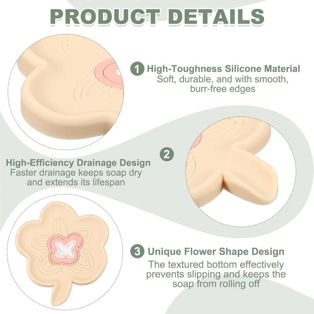 Silicone Soap Dish with Drain Spout, Portable Self Draining Flower Shape Soap Saver Holder - Image 4