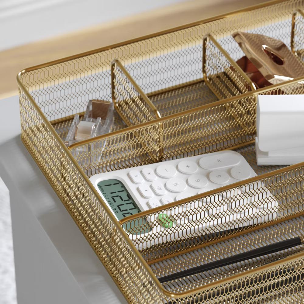 Martha Stewart Ryder Gold Mesh Metal 6 Compartment Large Desk Drawer Organizer for Accessories and Office Supplies - Image 9
