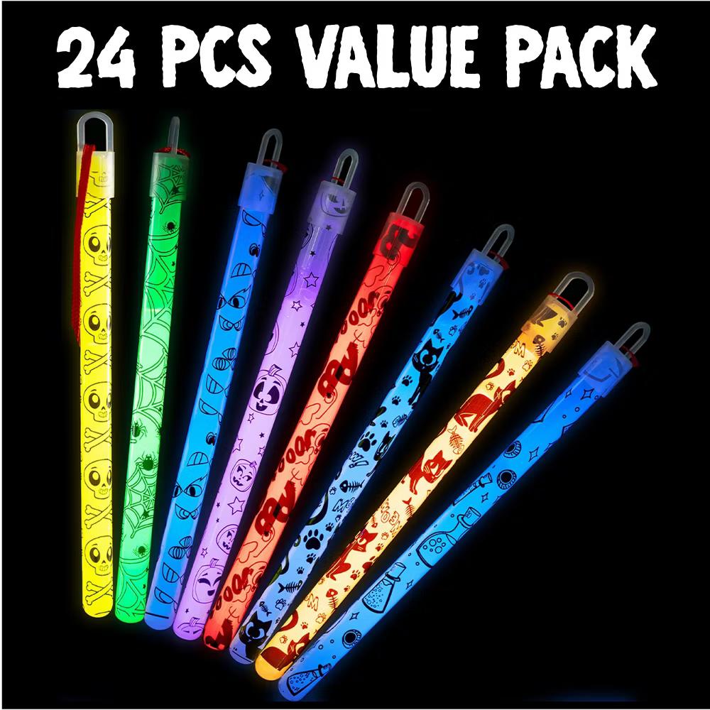Halloween Party Favors 24 Pcs Glow Sticks Hanging Wands for Kids Gift Halloween Goody Bag Filler Classroom Prize (8 Different Patterns/6 Colors) - Image 9