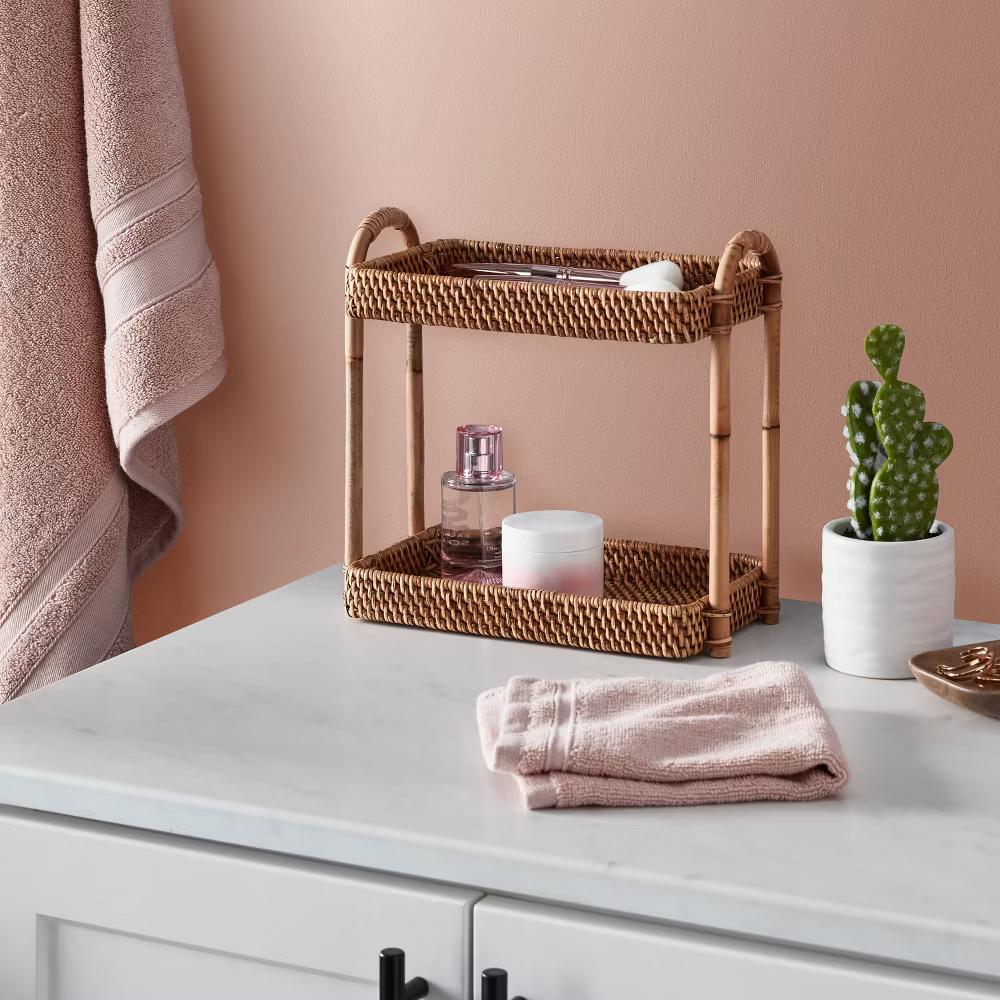 Natural Woven Tiered Vanity Bathroom Tray - Rattan Countertop Storage Accessory, Spot Clean - Image 4