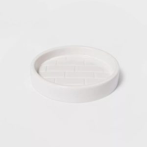Tile Soap Dish White - Ceramic Hand Wash Tray for Bathroom, 4.6" Square