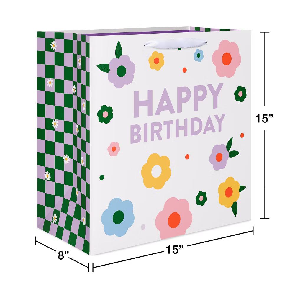 Jumbo Birthday Gift Bag, Happy Birthday Floral 1 Bag 15"x15" - Designed by Spaghetti and Meatballs