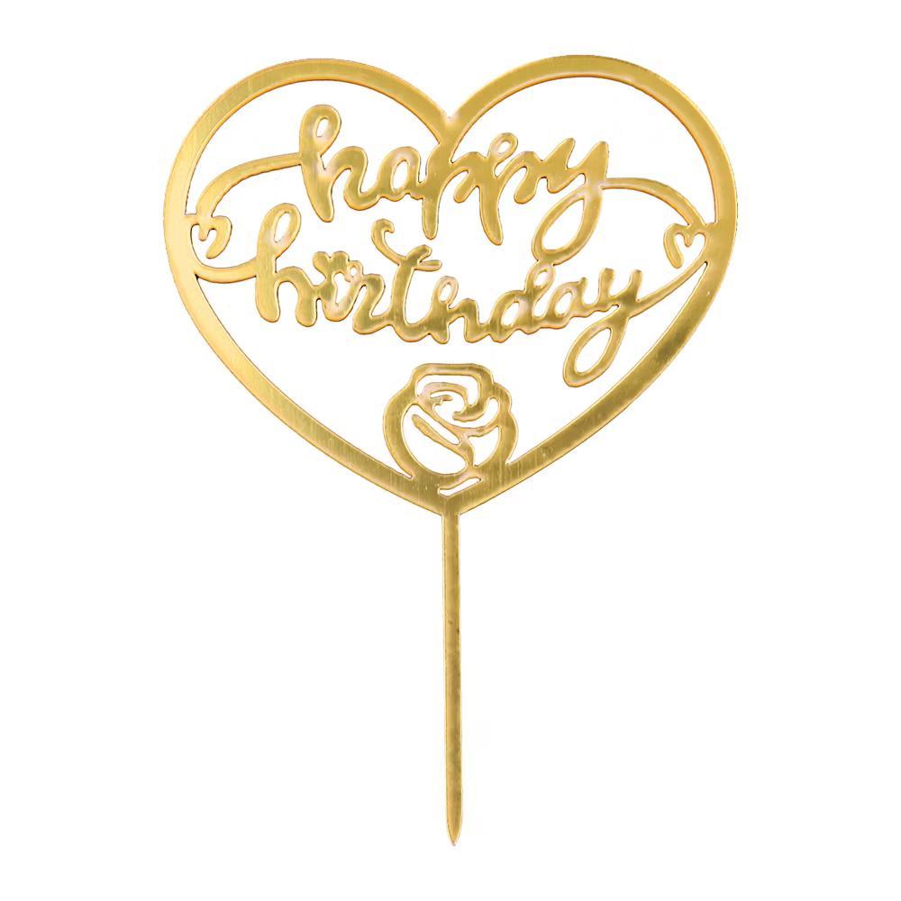 Gold 'Happy Birthday' in Heart Cake Topper
