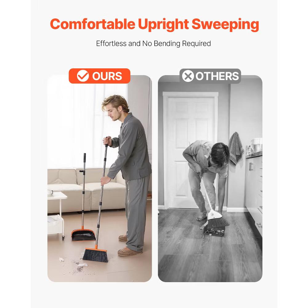 VEVOR Broom and Dustpan Set, Heavy Duty Dustpan and Broom Combo with Self-Cleaning Teeth, Metal Upright Standing Dust Pan with Long Handle, Black - Image 8