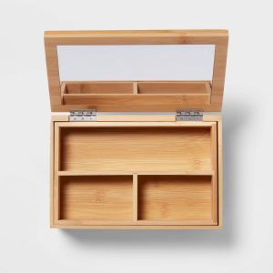 9" 6" Rectangular Countertop Organizer with Mirror - Bamboo Bathroom Tray & Jewelry Storage