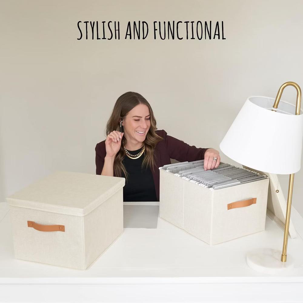 ZICOTO File Organizer Box Set of 2 – Collapsible Linen Filing Boxes with Handles & Lid - Image 4