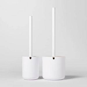 Modern Toilet Brush White - Plastic Scrubber & Holder Set for Bathroom Cleaning, 15.5" Height