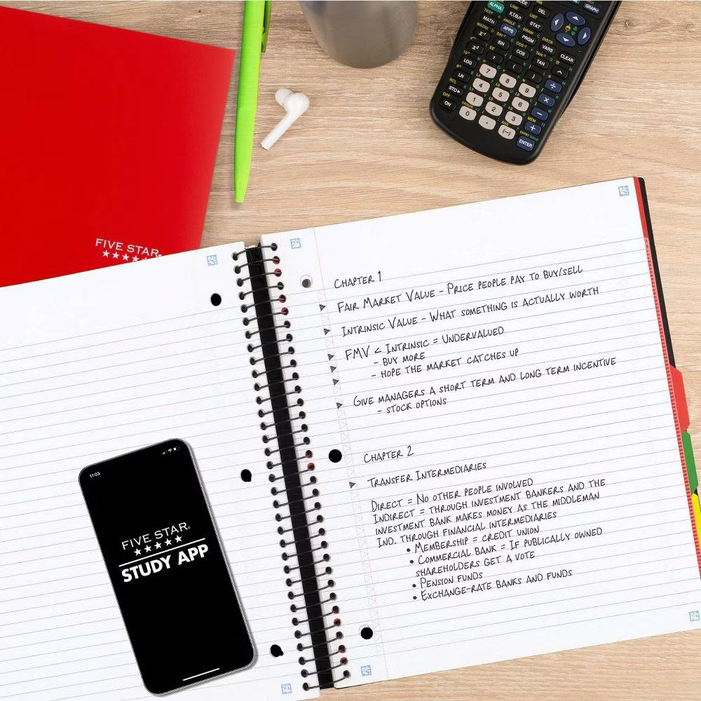 Five Star 200 Sheets 5 Subject College Ruled Spiral Notebook with Pocket Dividers Black: Lined Paper, 3 Hole Punched - Image 4