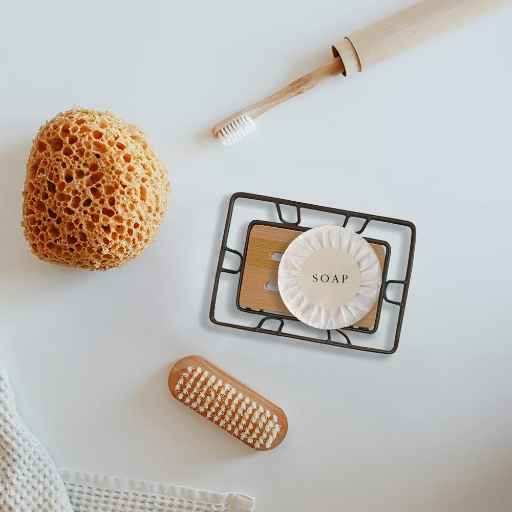 French Home Goods Bamboo Soap Dish Tray with Metal Wire Frame – Self-Draining Design, Ideal for Bathroom or Kitchen Counters - Image 2
