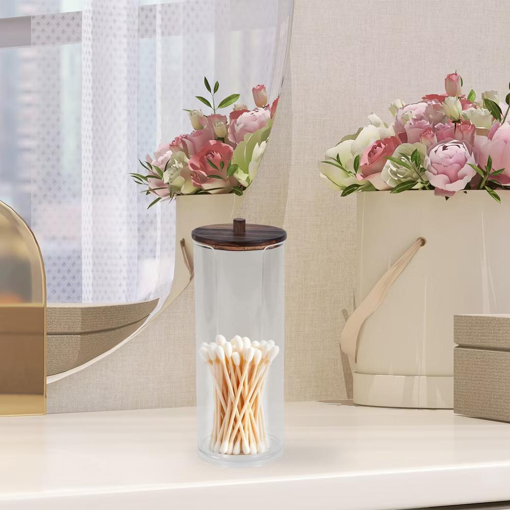 U-Shaped Cup Cylindrical Cover Acrylic Cotton Swab Holders Bathroom Transparent Dark Brown 1Pc - Image 4