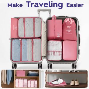 8pc Packing Cubes For Travel, Suitcase Luggage Organizer bags, Hanging Toiletries Travel Bag Makeup Organizer Travel Cubes Set, Pink