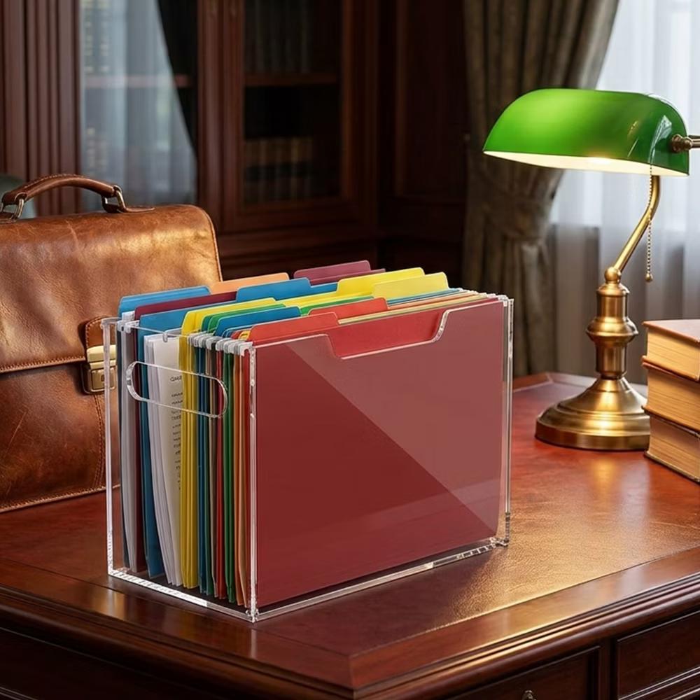 File Organizer Box for Letter Size Hanging Folders, Acrylic Desk File Holder with Portable Handle, Clear Modern Document Storage Rack for Office - Image 7