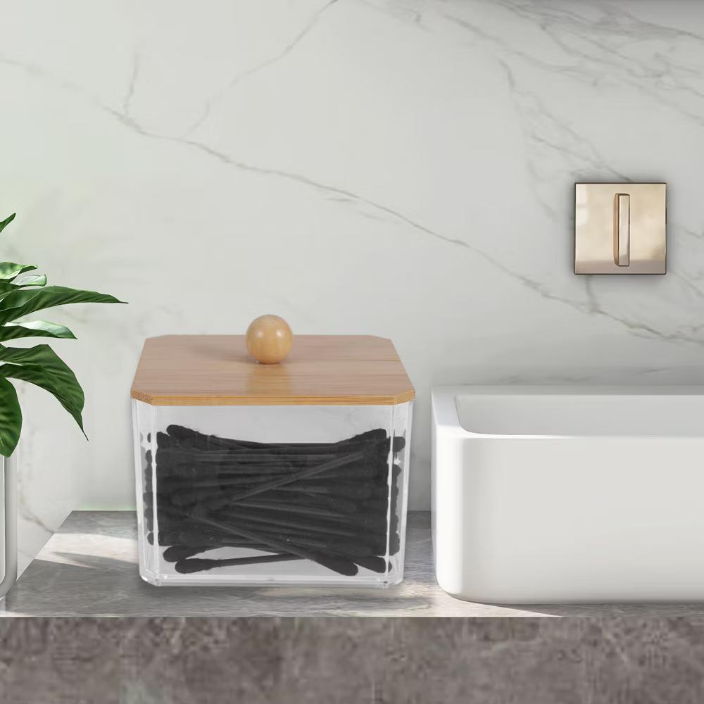 Square Bamboo Cover Acrylic Cotton Swab Holder Bathroom Transparent Wood-Tone 1 Pc - Image 12