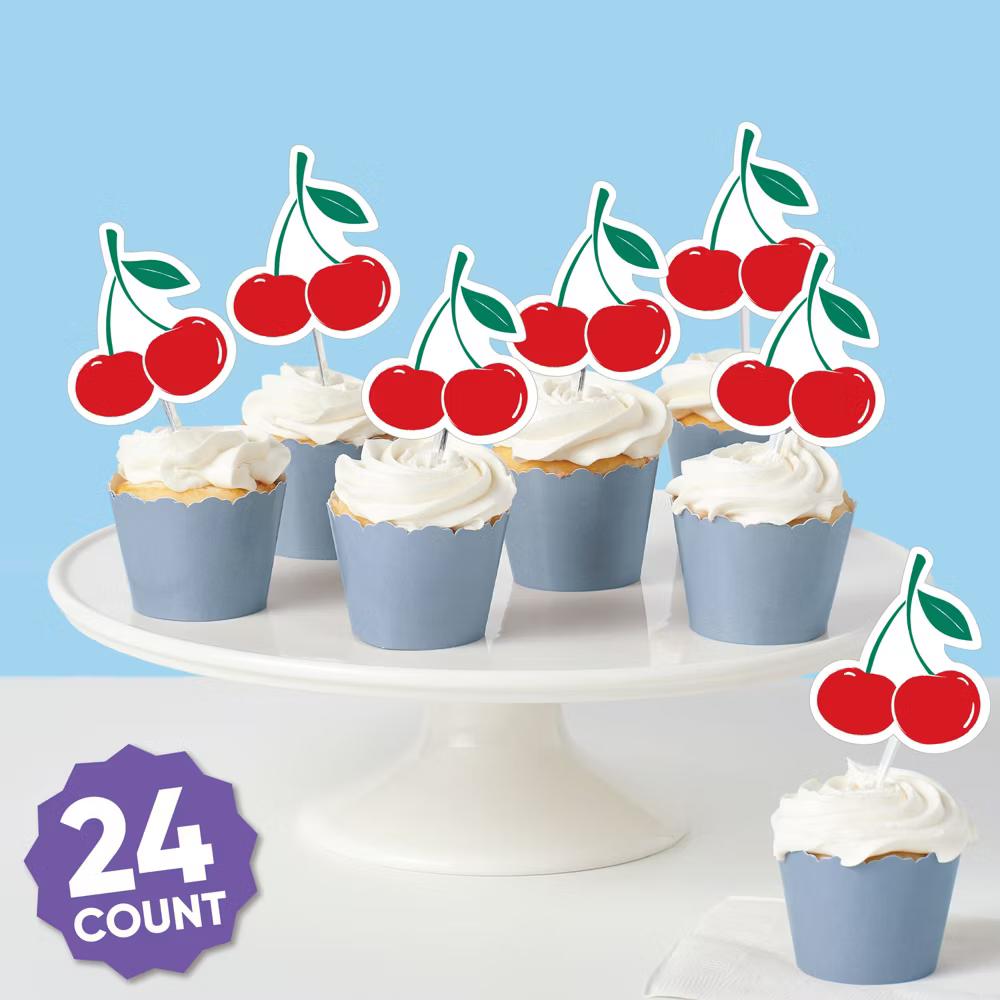 Cherry On Top Dessert Cupcake Toppers, Cherry Birthday Party Decor, Red Fruit-Themed Treat Picks - Set of 24 - Image 5