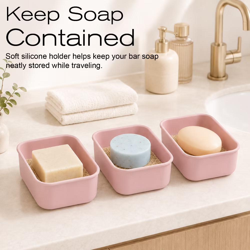 Garnen Bar Soap Holder Travel Case, Soap Dish with Lid, Silicone Travel Soap Case 4.7"x3.3" Self Draining Soap Bar Holder for Bathroom Shower, Pink - Image 4