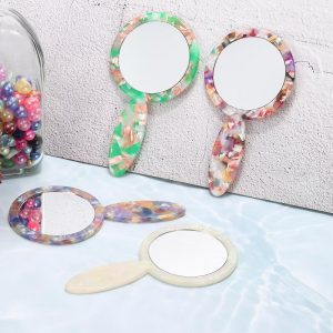 Round Vintage Acetic Acid Handle Cosmetic Travel Hand Held Mirror
