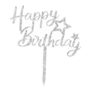 Silver 'Happy Birthday' with Stars Cake Topper