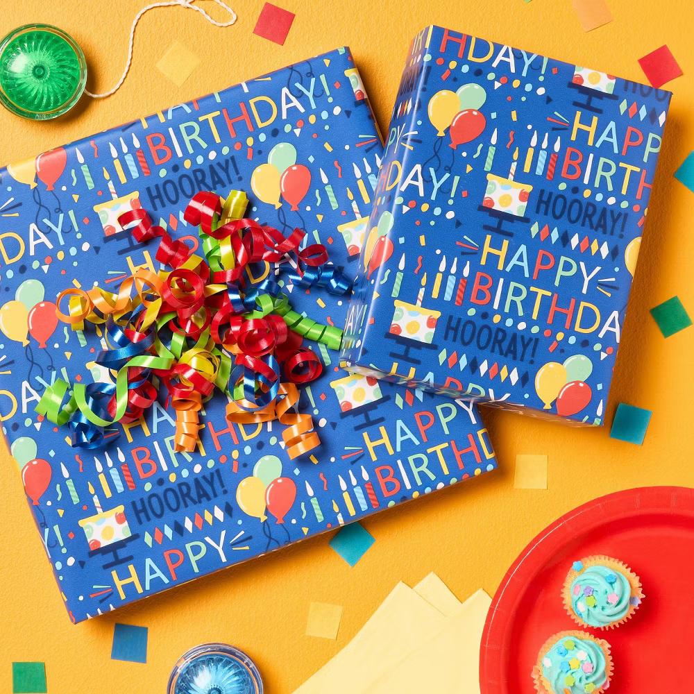 96"x30" 'Happy Birthday Hooray' Balloons and Cake Gift Wrapping Paper Blue