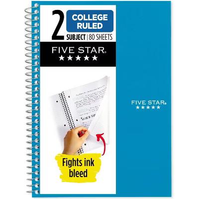 Five Star 80pg 2 Subject College Ruled Notebook 9.5"x6": Spiral, Wire-Bound, Acid-Free, Perforated, Water-Resistant, Pocket - Image 2
