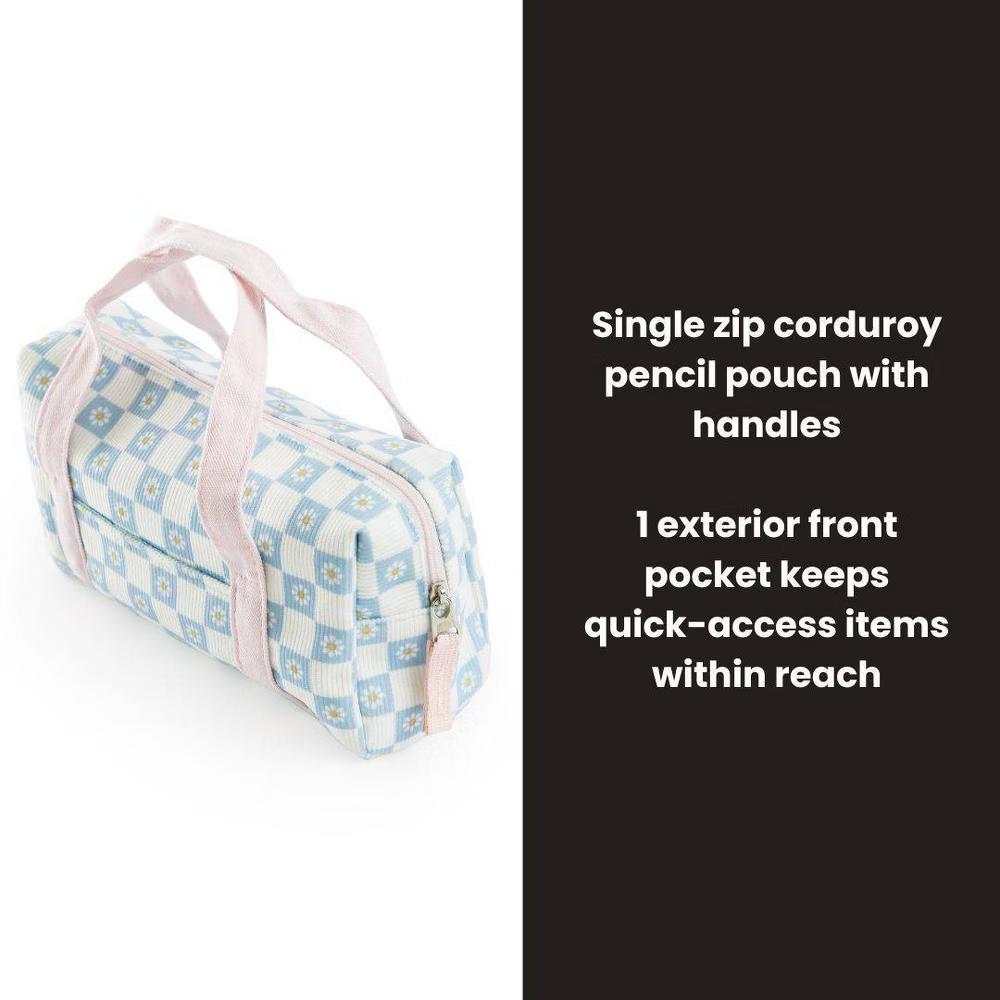 Single Zip Pencil Pouch with Handles - Pale Blue Daisy Checker, School Supplies - Image 4