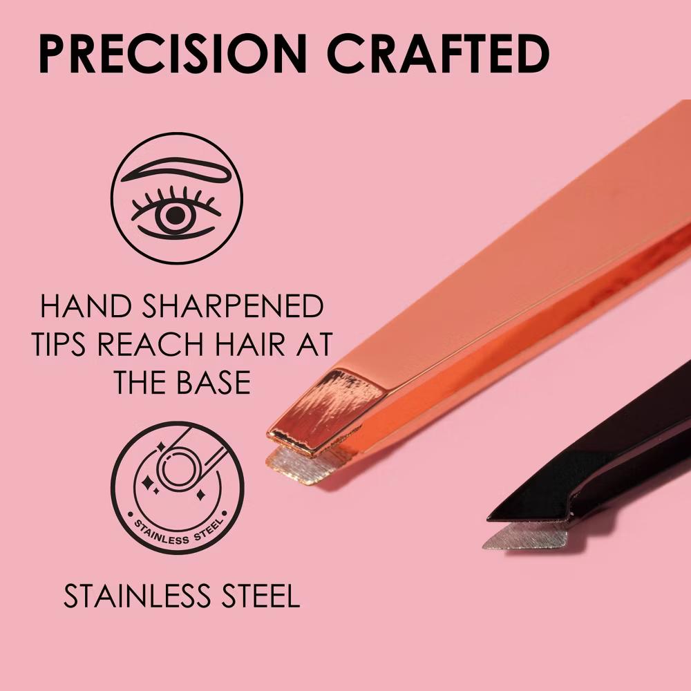 JAPONESQUE Pointed-Slant & Slant Tweezers - Rose Gold: Stainless Steel Beauty Tools, Non-Toxic, 2-Piece Set - Image 4