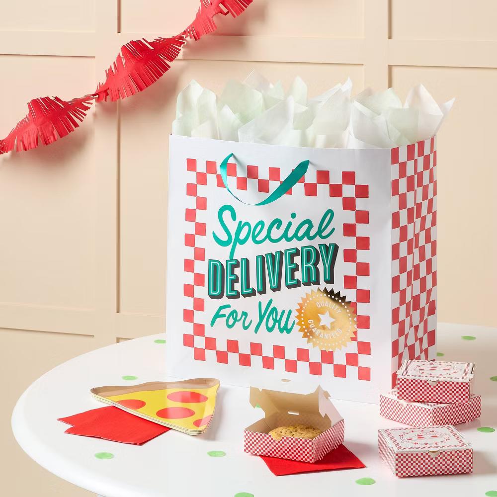 Large Square 'Special Delivery For You' Pizza Box Birthday Gift Bag White/Red/Green - Image 2