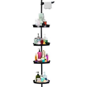 Bathroom Corner Shower Caddy Tension Pole, 4-Tier Rust-Resistant Bathroom Storage Organizer with Adjustable Shelves & Rubber Pad, 101''- 122'' Height