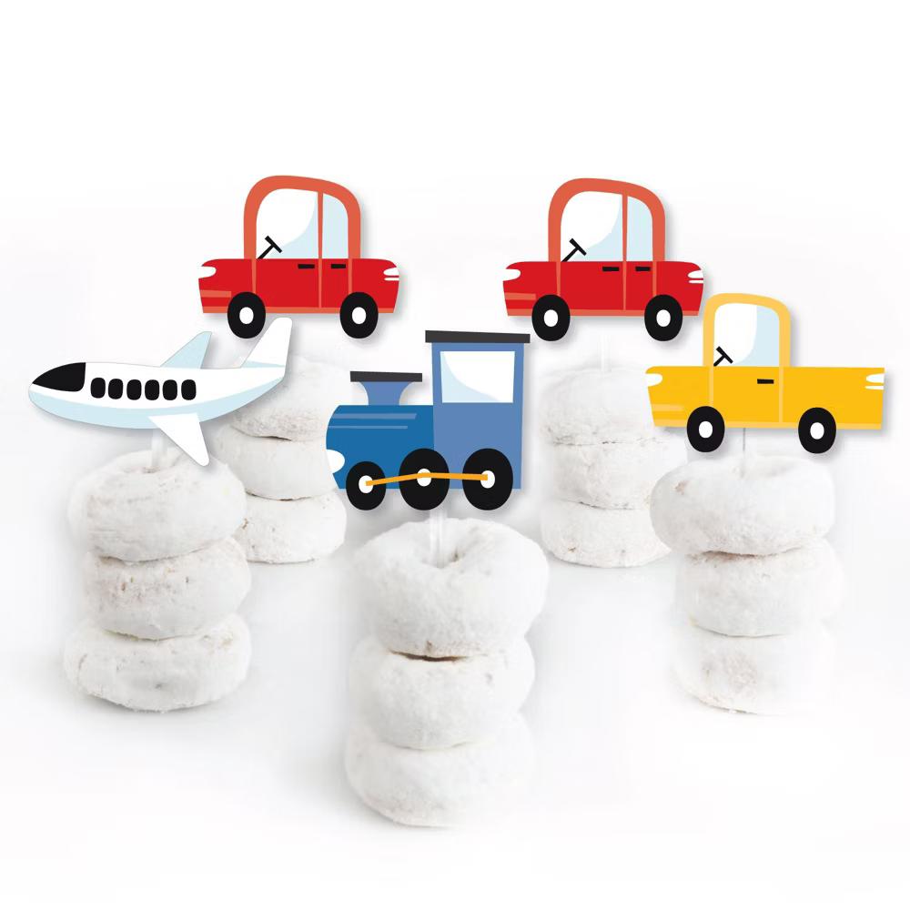 Cars, Trains, and Airplanes - Dessert Cupcake Toppers - Transportation Birthday Party Clear Treat Picks - Set of 24 - Image 2