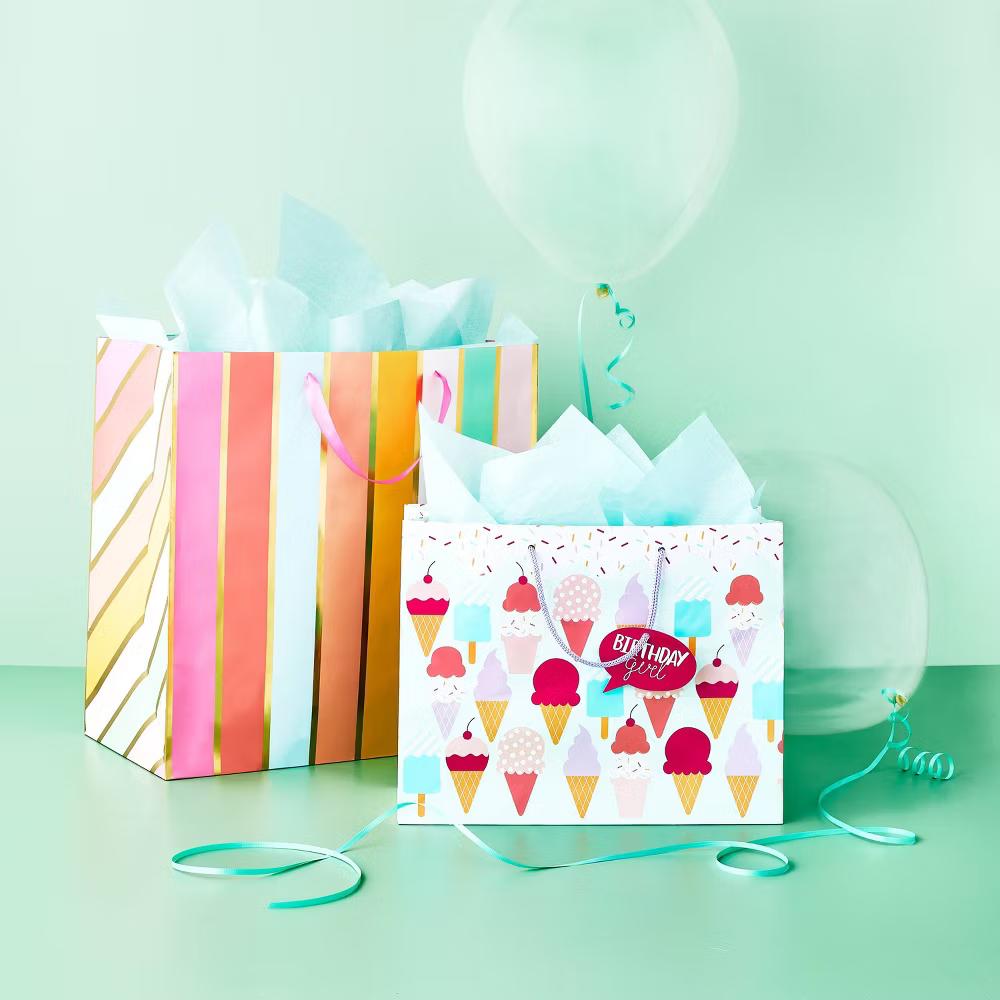 Large Square Foil Striped Gift Bag Colorful - Multicolor, Birthday, XL, Paper, Stripe Pattern, 15"x15"x8"