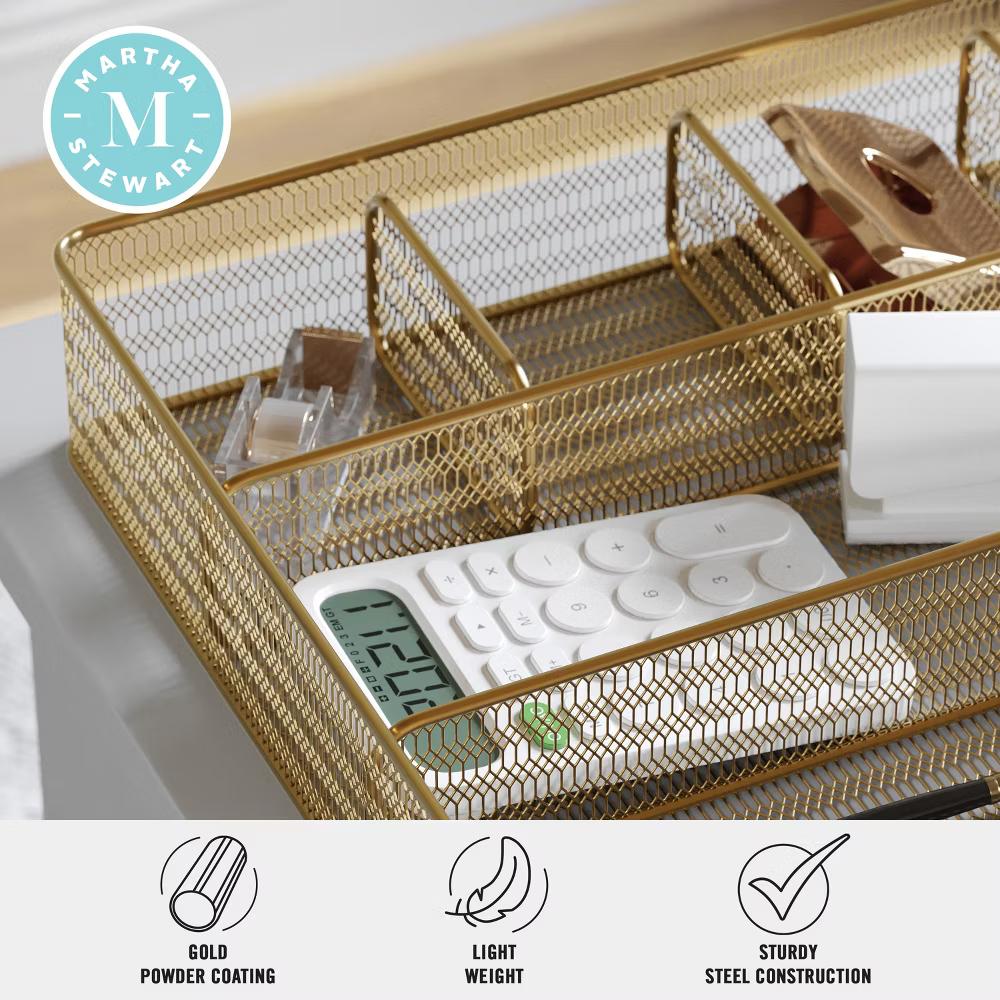 Martha Stewart Ryder Gold Mesh Metal 6 Compartment Large Desk Drawer Organizer for Accessories and Office Supplies - Image 2