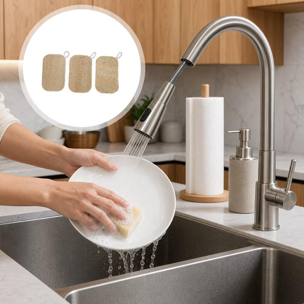 Double Layer Loofah Dish Sponge with Hanging Loop 3 Pcs - Image 7