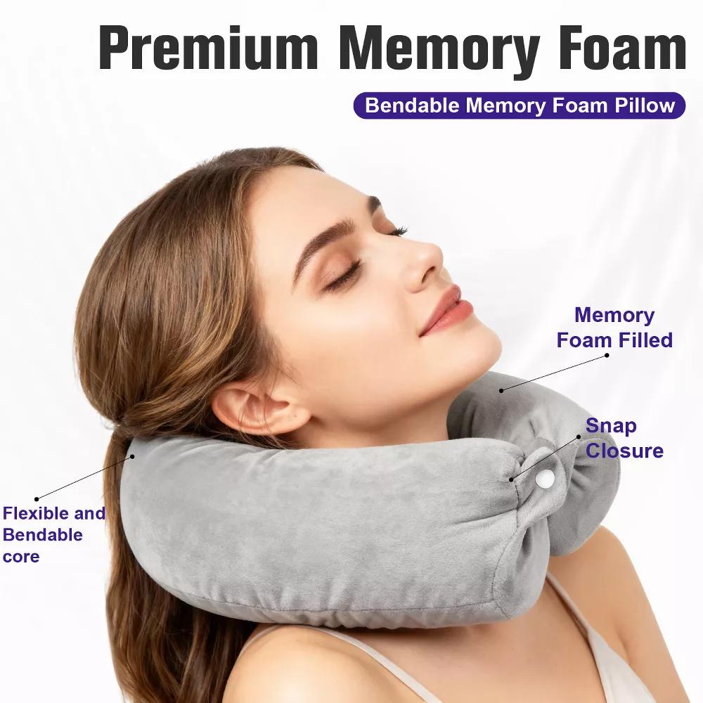 Neck Pillow Travel Pillow Memory Foam For Airplanes Car, Flexible U-Shaped Plane Pillow With Washable Cover, Light Gray - Image 3