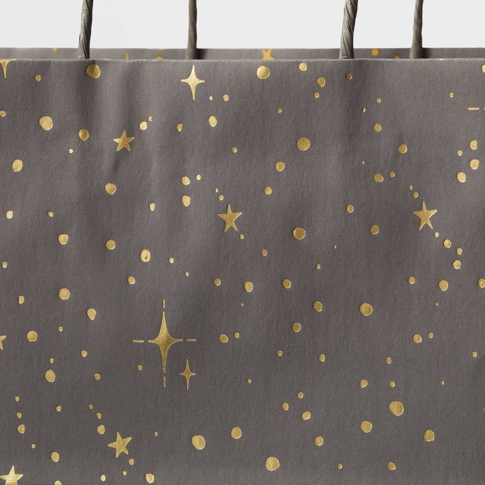 Medium Foil Star Pattern Gift Bag Gray/Gold - Black Polka Dot, Christmas & Graduation Gift Bag, 12"x16"x6" - Image 3