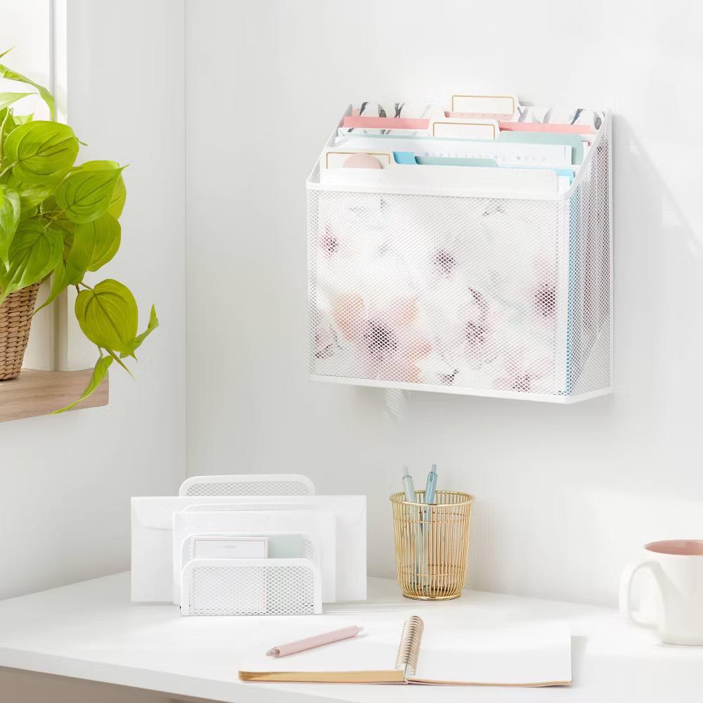 Mesh Hanging File Sorter with Keyholes White - Wall File Holder, Steel, Adult Assembly Required - Image 3